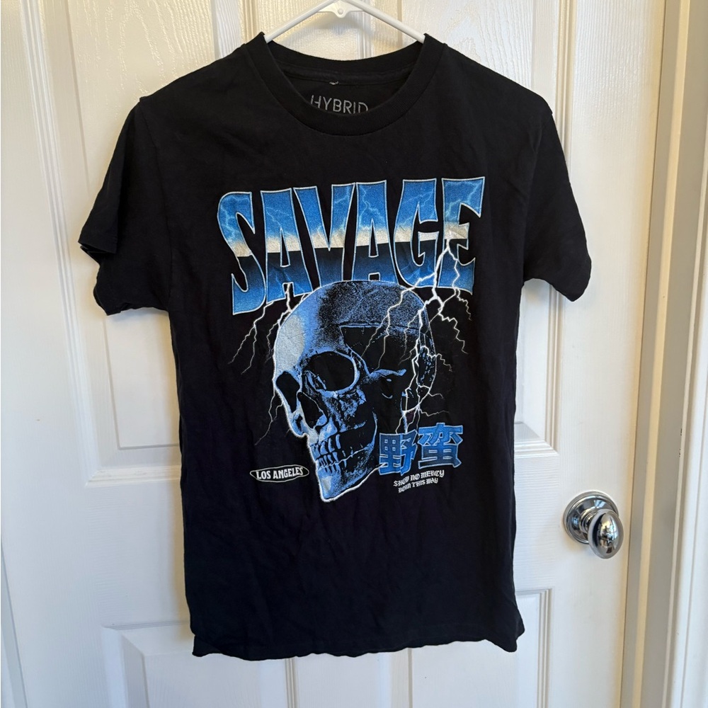 Hybrid Savage Black Tee with Blue Skull Graphic Size Small